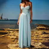 Blue Strapless Slimming Pleated Tight Dress