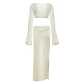 V-neck Long Sleeve Pleated Navel Dress