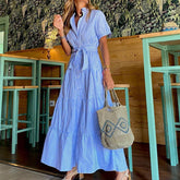 Santorini Breeze-Striped Maxi Shirt Dress