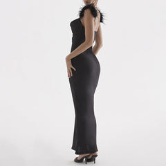 CELESTE FEATHER SATIN MIDI DRESS