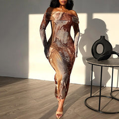 Off-Shoulder Abstract Print Layered Bodycon Maxi Dress