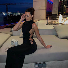 Knitted Turtleneck Hollow Out Strap Dress Women