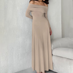 Knitted Off-neck Slim Fit High Waist Pullover Dress