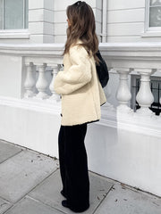 Nicole Lambswool Patchwork Round Neck Coat - Beige