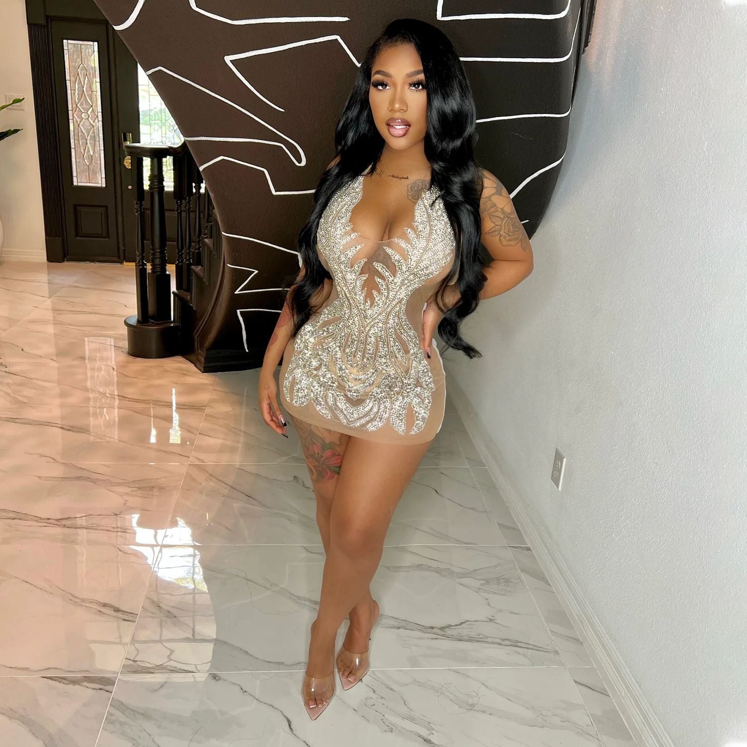 Rihanna Rhinestone Halter Backless Bodycon Mini dress uberjewellery Rihanna Rhinestone Halter Backless Bodycon Mini dress uberjewellery