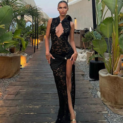 Lace Hollow High Slit Slim Sleeveless Dress