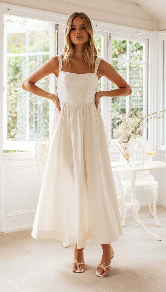 low back white midi dress All Things Golden - The Luxe Rib Low Back Midi Dress - Stone