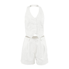 Women's Halter Fashion Cotton And Linen White Vest Shorts Two-piece Set