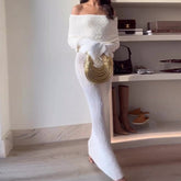 Kai Ivory Off-Shoulder Open Knit Maxi Dress