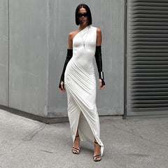 Women's Solid Color Long Dress Casual Diagonal Collar Sleeveless Slim One Shoulder Dress