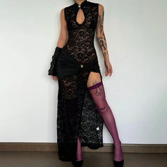 Lace Hollow High Slit Slim Sleeveless Dress