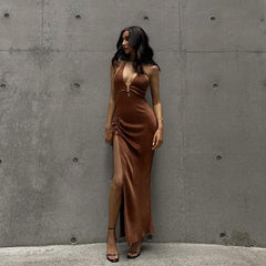 Personalized Deep V Sleeveless Halter Back Dress