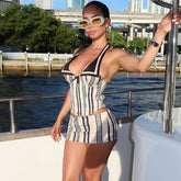 Printed Sleeveless Halter Vest Contrast Color Hip Skirt Set