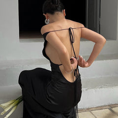 European And American Style Backless Satin Off Shoulder Dress Women