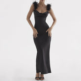CELESTE FEATHER SATIN MIDI DRESS