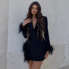 Eline Pearl White Feather Trim Blazer Mini Dress