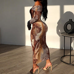 Off-Shoulder Abstract Print Layered Bodycon Maxi Dress