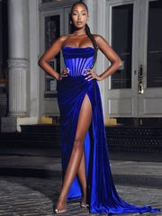 Cora Black Draping Corset High Slit Velvet Gown
