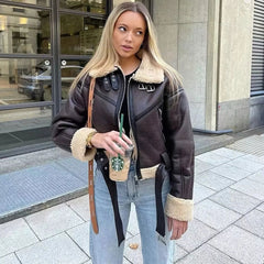 OVERSIZED FLEECED BUCKLE TRIM FAUX LEATHER CROPPED COAT - BROWN