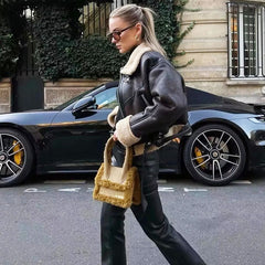 OVERSIZED FLEECED BUCKLE TRIM FAUX LEATHER CROPPED COAT - BROWN