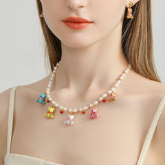 18K Bears Pearl Enamel Necklace