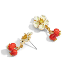 18k hawthorn flower enamel handcrafted earrings - short