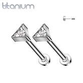 Pair of Implant Grade Titanium White CZ Triangle Threadless Push In Earrings With Flat Back