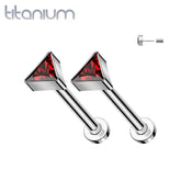 Pair of Implant Grade Titanium Red CZ Triangle Threadless Push In Earrings With Flat Back