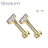 Pair of Implant Grade Titanium Gold PVD White CZ Triangle Threadless Push In Earrings With Flat Back