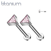 Pair of Implant Grade Titanium Pink CZ Triangle Threadless Push In Earrings With Flat Back