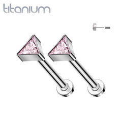 Pair of Implant Grade Titanium Pink CZ Triangle Threadless Push In Earrings With Flat Back