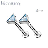 Pair of Implant Grade Titanium Aqua CZ Triangle Threadless Push In Earrings With Flat Back