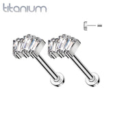 Pair of Implant Grade Titanium Triple Baguette White CZ Threadless Push In Earrings With Flat Back