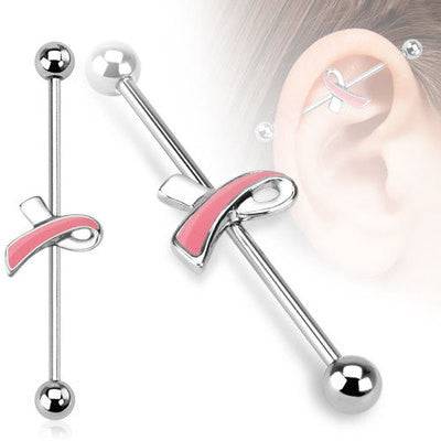 14ga Surgical Steel Pink Breast Cancer Ribbon Straight Industrial Barbell