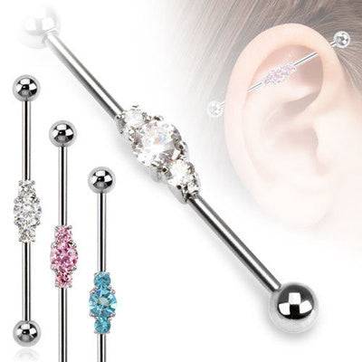 14ga Surgical Steel Straight Industrial Barbell with 3 Prong CZ Gem Centre