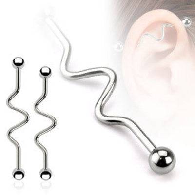 14ga Surgical Steel Straight Industrial Barbell with Wavy Design in Different Lengths