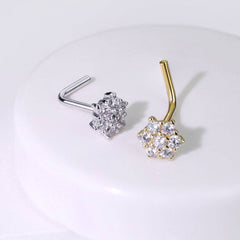 14KT Solid Gold L Shape Flower CZ Nose Ring Stud