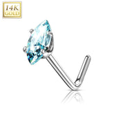 14KT Solid White Gold L Shape Aqua Marquise CZ Nose Ring Stud