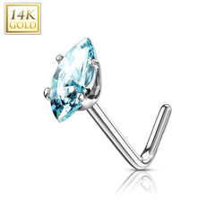 14KT Solid White Gold L Shape Aqua Marquise CZ Nose Ring Stud