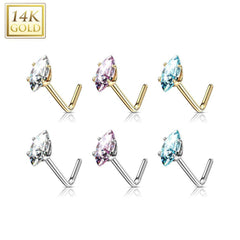 14KT Solid White Gold L Shape Aqua Marquise CZ Nose Ring Stud