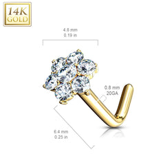 14KT Solid White Gold L Shape Flower White CZ Nose Ring Stud