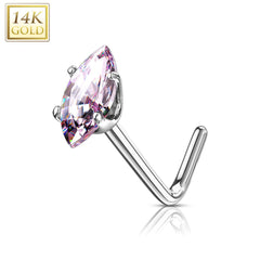 14KT Solid White Gold L Shape Pink Marquise CZ Nose Ring Stud