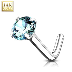 14KT Solid White Gold "L" Shaped Bent Aqua Circle CZ Nose Ring Stud