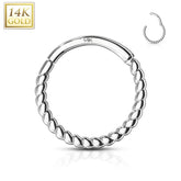 14KT Solid White Gold Twisted Rope Braided Segment Hinged Clicker Hoop