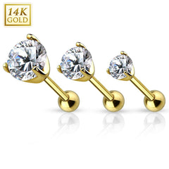 14KT Solid Yellow Gold Ball Back White CZ Prong Cartilage Helix Stud