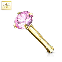 14KT Solid Yellow Gold Ball End Pink CZ Prong Nose Pin Ring