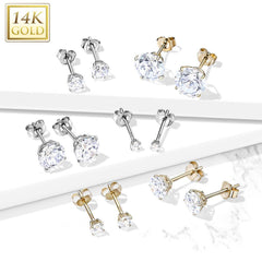 Pair of 14KT Solid Yellow Gold Circle Round White CZ Gem Stud Earrings