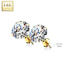Pair of 14KT Solid Yellow Gold Circle Round White CZ Gem Stud Earrings