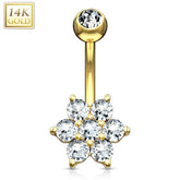 14KT Solid Yellow Gold Flower White CZ Belly Ring