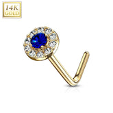 14KT Solid Yellow Gold L Shape Bent Blue & White CZ Cluster Nose Stud